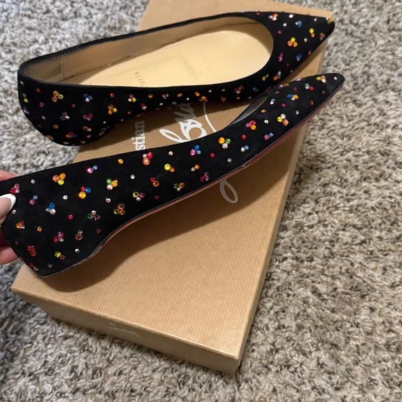 Christian Louboutin Black Suede Flats Rainbow Crystals - Picture 2 of 3